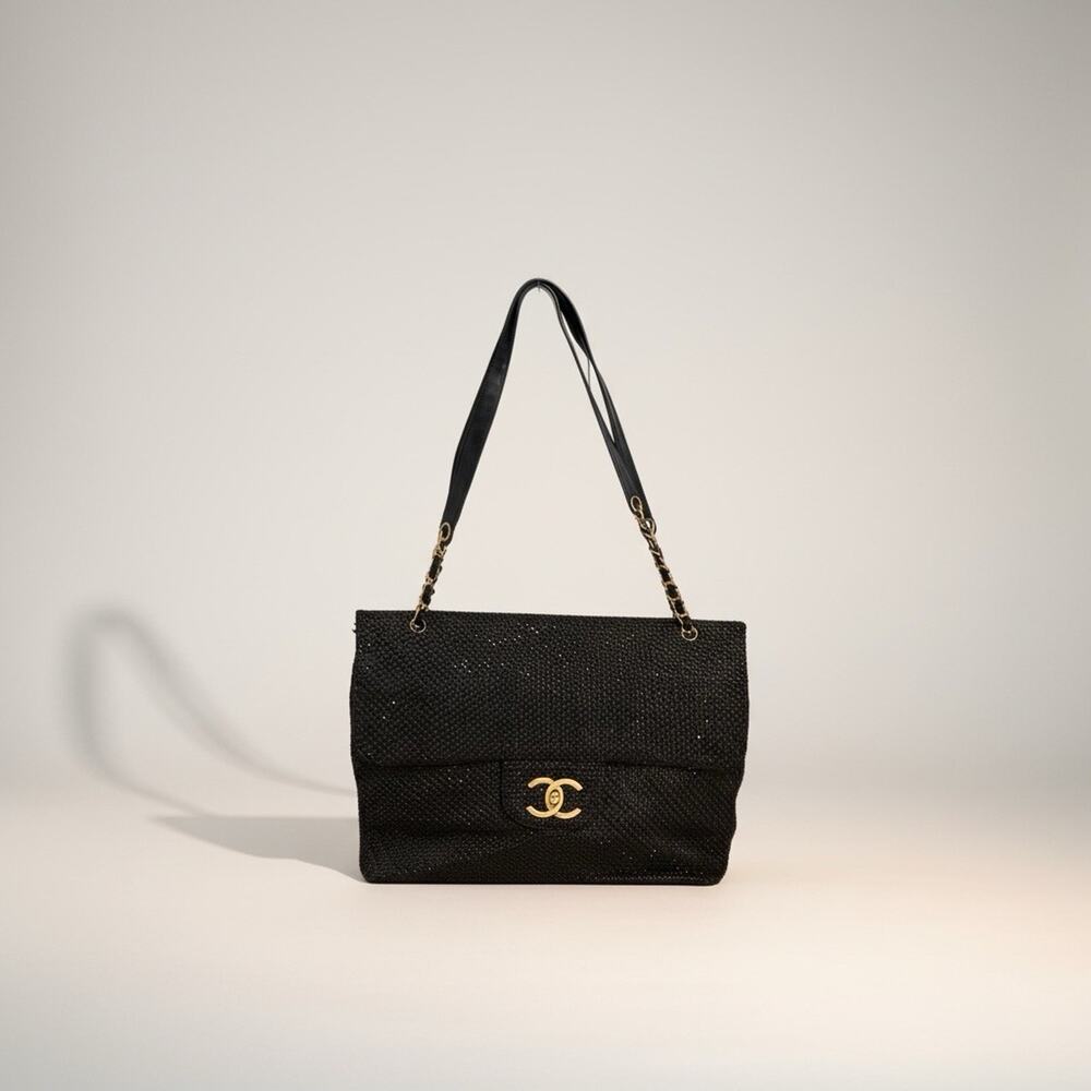 Chanel XXL Jumbo Flap Black Crystal Studded CC Bag Gold HW Rare Statement - Picture 6 of 8